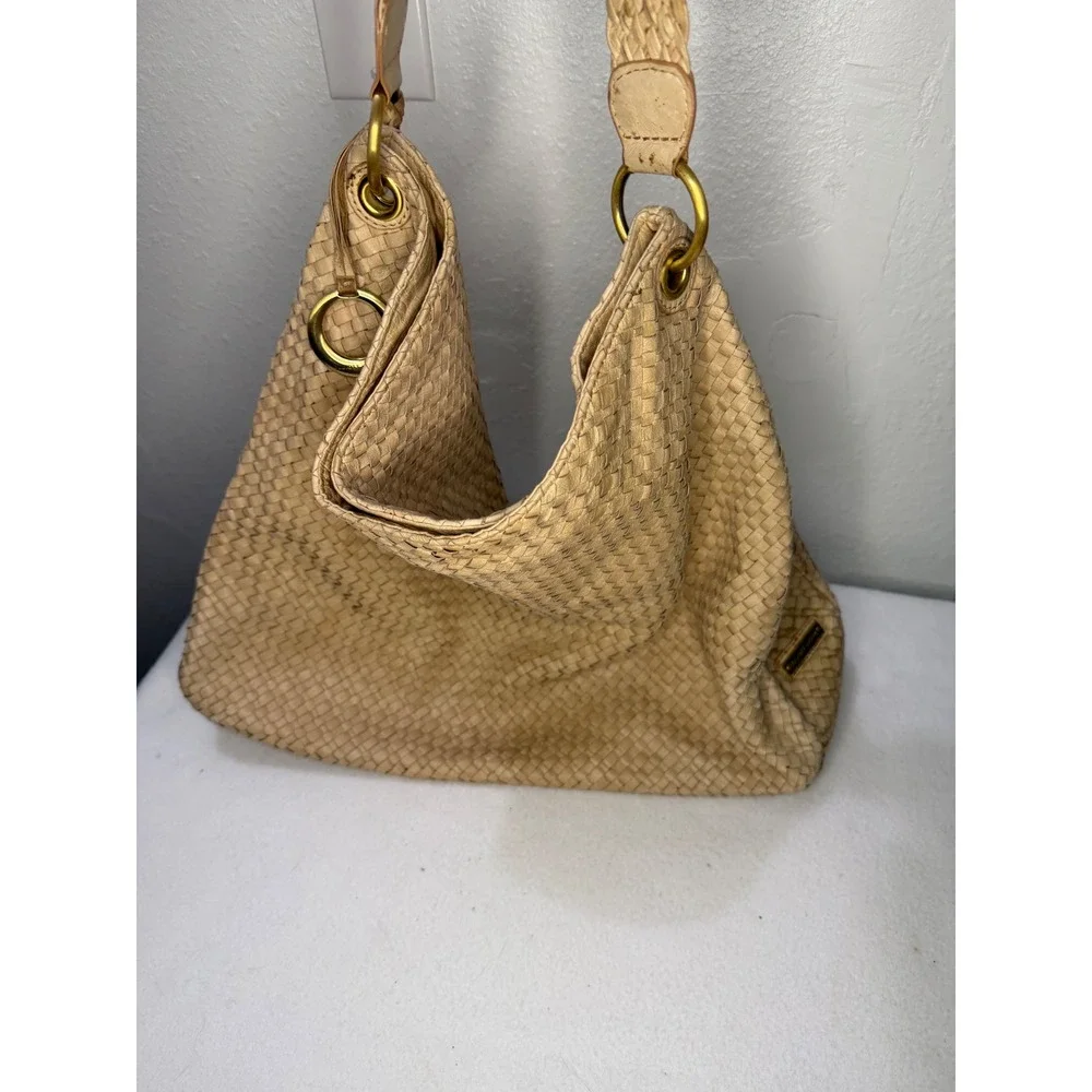 Elliott Lucca Isadora Hobo Bag Women‎ Large Tan Woven Leather Fair Stained Base